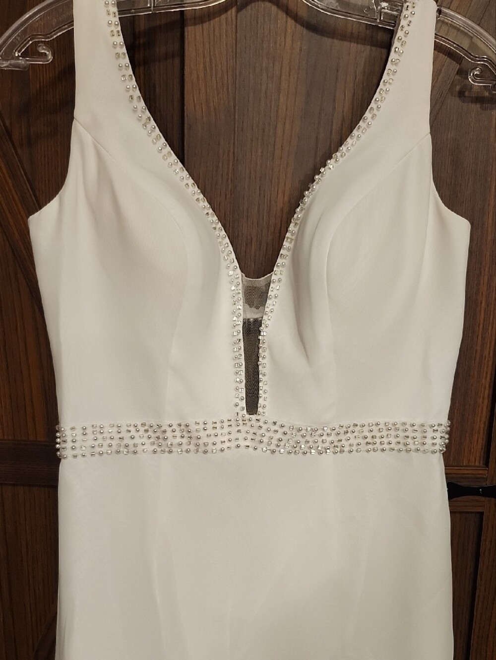 Minimalist White V-Neck Wedding Dress with Beaded Waist - Picture 9 of 16